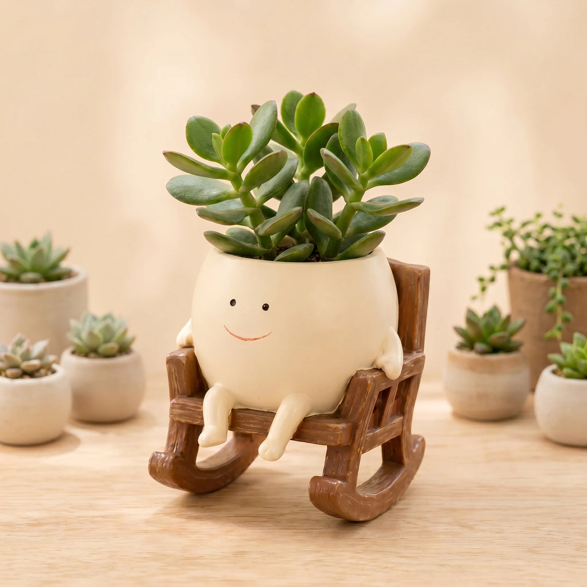 Cute plant-shaped pot with a face sitting on a wooden rocking chair, surrounded by other plants.