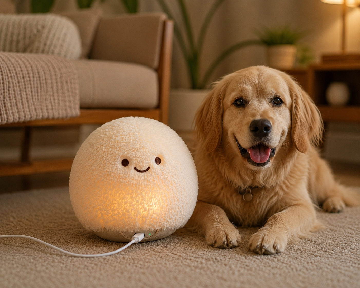 A golden retriever dog lies on a beige carpet next to a round, fluffy cream-colored pet lamp that glows with warm light. The lamp has a simple embroidered smiley face.